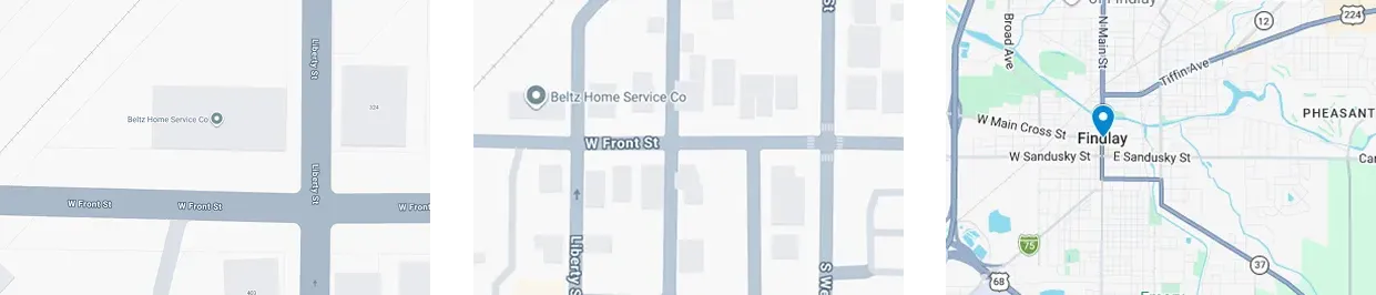 Three Map Screenshots Showing Street Layouts: The First With Intersecting Roads, The Second Highlighting A Service Company Location, And The Third Displaying A Route Through A City Area.