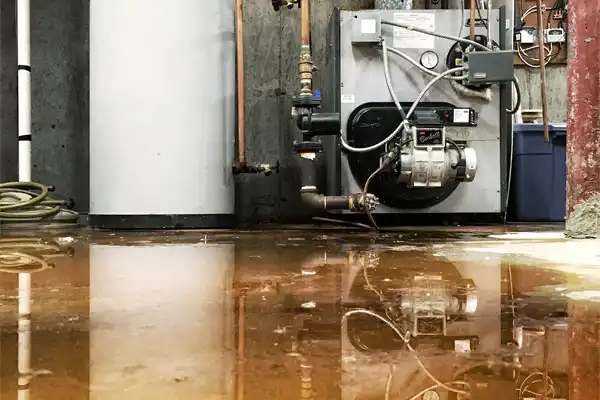 Flooded basement with a water heater and boiler visible, reflecting in the standing water on the floor. A sump pump sits nearby, while pipes and wiring are attached to the boiler.