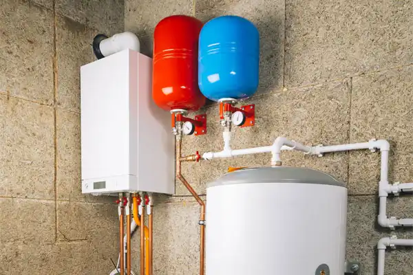 A water heater installation features a boiler system with a white unit and vibrant red and blue expansion tanks, seamlessly connected by pipes on a textured wall.