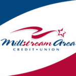 Logo For Millstream Area Credit Union Featuring Stylized Red, White, And Blue Waves With A Star, And The Organization&Amp;Apos;S Name In Script And Block Text.