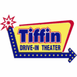 Logo For Tiffin Drive-In Theater Featuring A Yellow Sign With Blue And Red Text, Outlined In Blue With Light Bulbs And A Starburst Design On The Left.