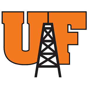Large Orange Letters &Quot;Uf&Quot; With A Black Oil Derrick Graphic Overlapping The Middle, Set Against A White Background.