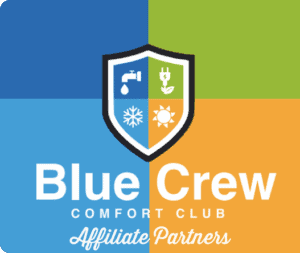 Blue Crew Comfort Club Affiliate Partners Logo With A Shield Showing Icons Of A Faucet, Snowflake, Plant, And Sun On A Blue, Green, And Orange Background.