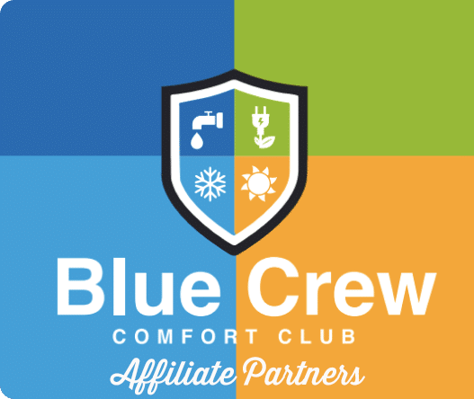 Blue Crew Comfort Club Affiliate Partners Logo With A Shield Showing Icons Of A Faucet, Snowflake, Plant, And Sun On A Blue, Green, And Orange Background.