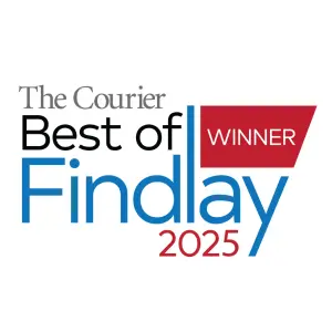 Logo For &Quot;The Courier Best Of Findlay 2025 Winner&Quot; Featuring Black, Red, And Blue Text On A White Background, Highlighting Beltz Home Service Co As A Standout Recipient.