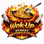 Logo With A Flaming Wok Tossing Vegetables, A Spatula And Knife, And The Text “Wok-Up Street Hibachi” Surrounded By Fire.