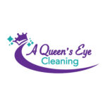 Logo For “A Queen’s Eye Cleaning” With A Purple Crown, Sparkles, And A Swoosh, Combining Purple And Teal Text On A White Background.