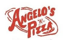 Red Text Logo Reading “Angelo’s Pizza” With A Swirl Design Around The Words On A White Background.