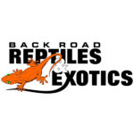 Logo Reading “Back Road Reptiles &Amp; Exotics” In Bold Black Letters With An Orange Gecko Illustration Integrated Into The Design.