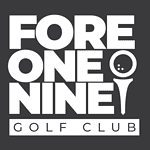 Logo For “Fore One Nine Golf Club” With Bold White Text On A Dark Background; The Letter “I” In “Nine” Is Stylized As A Golf Tee And Ball.