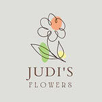 Minimalist Flower Drawing With Orange And Yellow Circles, Green Ellipse, And The Text “Judi’s Flowers” In Brown Font Below The Illustration.