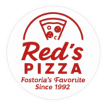 Logo For Red’s Pizza Featuring A Slice Of Pizza Above The Name, With The Text “Fostoria’s Favorite Since 1992” Below In Red Lettering On A White Background.