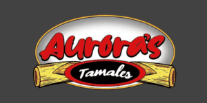 Aurora’s Tamales Logo With Red And Black Text, A White Background, And Two Tamale Illustrations On A Dark Gray Backdrop.
