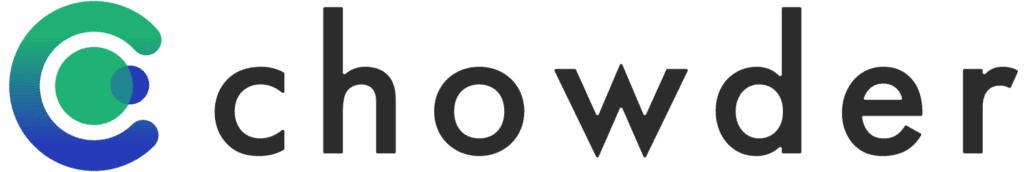 The Image Shows The Word “Chowder” In Lowercase Black Letters, With A Green And Blue Circular Logo Resembling A Stylized “C” To The Left Of The Text, Subtly Evoking Themes Of Innovation And Financing.